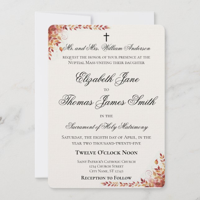 Autumn Catholic Red and Gold Wedding Invitation (Front)