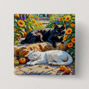 Autumn Cats and Pumpkins Garden Scene 15 Cm Square Badge