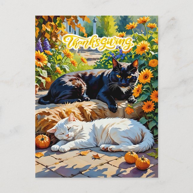 Autumn Cats and Pumpkins Garden Scene Postcard (Front)