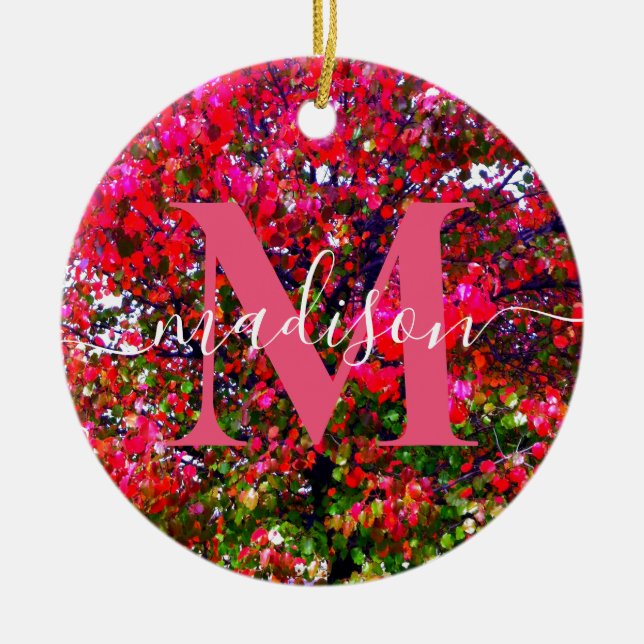 Autumn Changing Leaves, pink impressionistic trees Ceramic Ornament (Front)