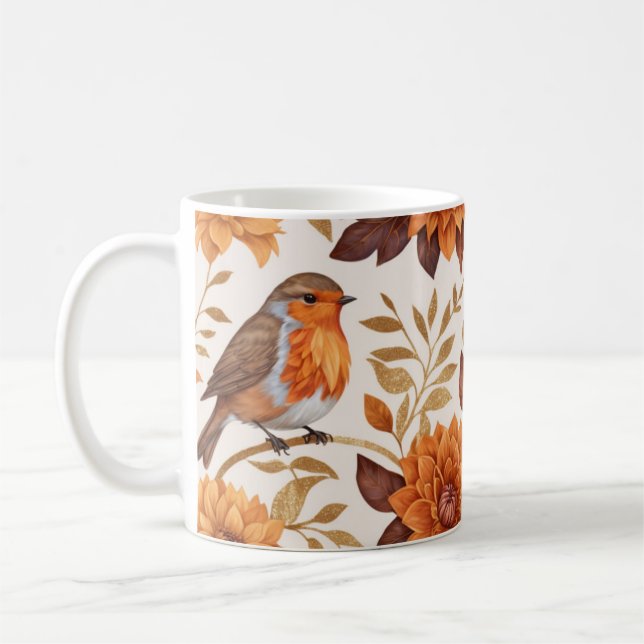 Autumn Charm with Robins and Floral Elegance Coffee Mug (Left)