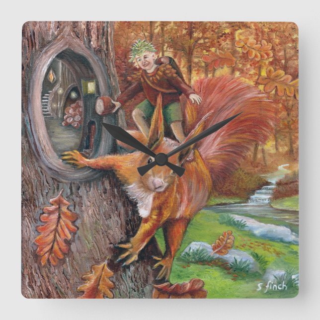 Autumn Chestnut Elf Square Wall Clock (Front)