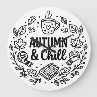 Autumn & Chill | Cosy Fall Hand-Lettered Line Art Large Clock