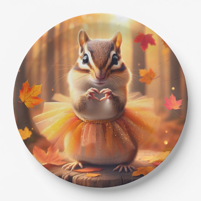 Autumn Chipmunk With Tutu and Heart Paper Plate (Front)