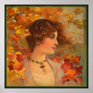 Autumn Chromolithograph Portrait Antique Poster