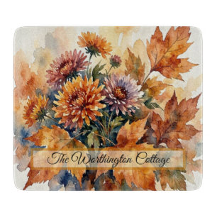 Autumn Chrysanthemum and Maple Leaf Watercolor Bou Cutting Board
