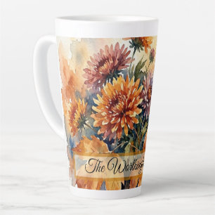 Autumn Chrysanthemum and Maple Leaf Watercolor Bou Latte Mug