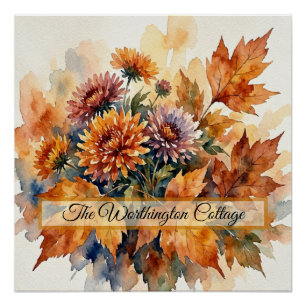 Autumn Chrysanthemum and Maple Leaf Watercolor Bou Poster