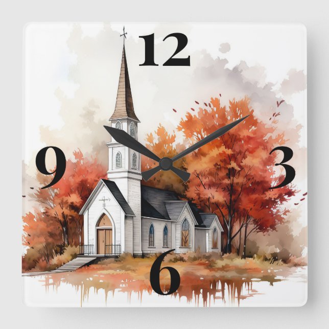 Autumn Church Square Wall Clock (Front)