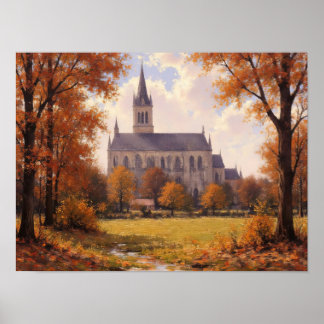 Autumn Church Trees Impressionist Oil Painting Poster