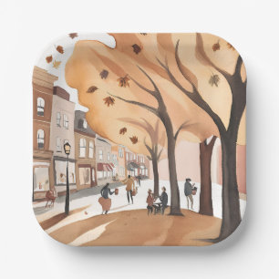 Autumn City Park Fall Foliage Watercolor Paper Plate