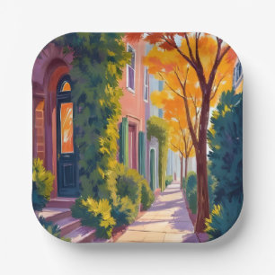Autumn City Street Glow Cosy Fall Watercolor Paper Plate