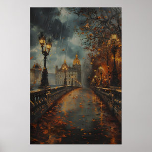 Autumn Cityscape Rainy Night Art, Romantic Paris Poster