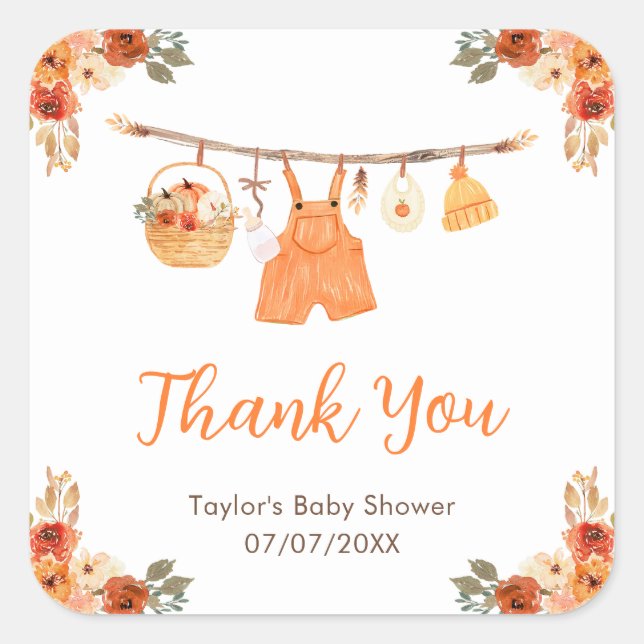 Autumn Clothes Line Boy Baby Shower Thank You Square Sticker (Front)
