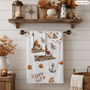 Autumn Coastal Lighthouse Brown Orange Bath Towel Set