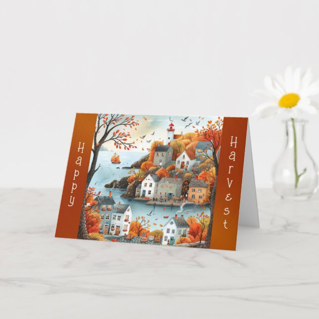 Autumn Coastal Village Illustration Thanksgiving Card (Small Plant)