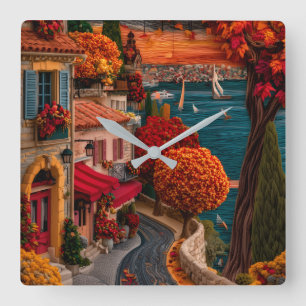 Autumn Coastal Village Scenic Wall Clock