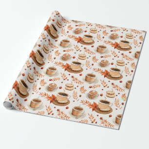 Autumn Coffee Cups and Leaves Cozy Fall Watercolor Wrapping Paper