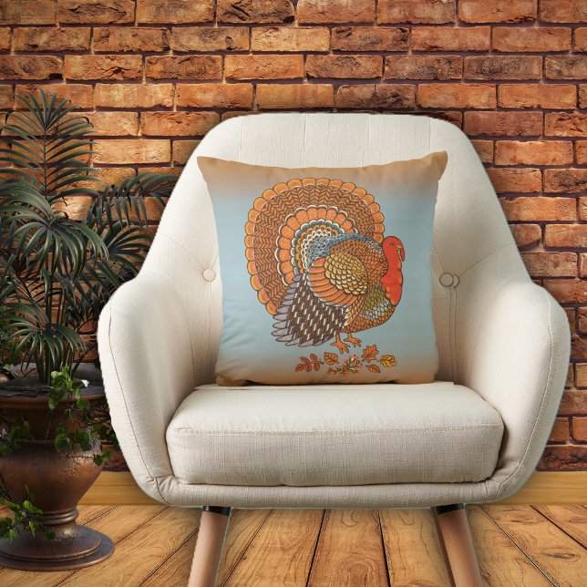 Autumn Colors Male Turkey Fanned Tail Leaves Cushion (Thanksgiving turkey orange brown feathers in leaves on blue and orange decorative pillow.)