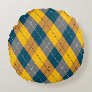 Autumn Colour Geometric Plaid Yellow Brown Pattern Round Cushion