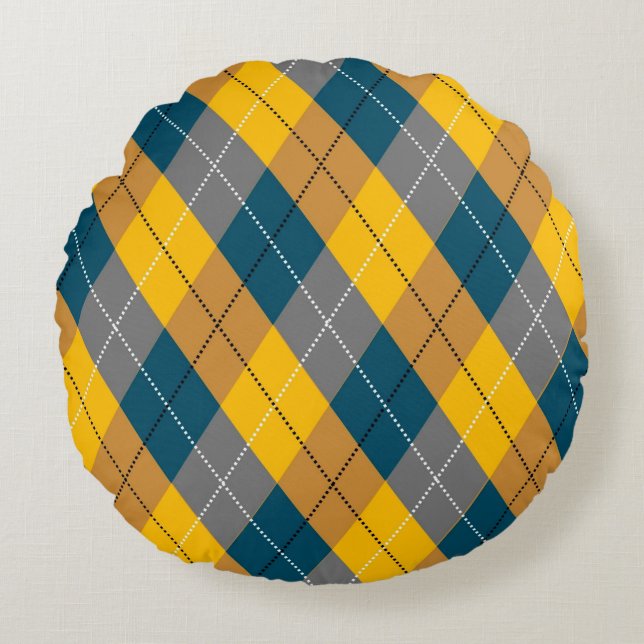 Autumn Colour Geometric Plaid Yellow Brown Pattern Round Cushion (Front)