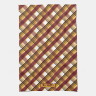 Autumn Colour Plaid Pattern & Custom Name Tea Towel