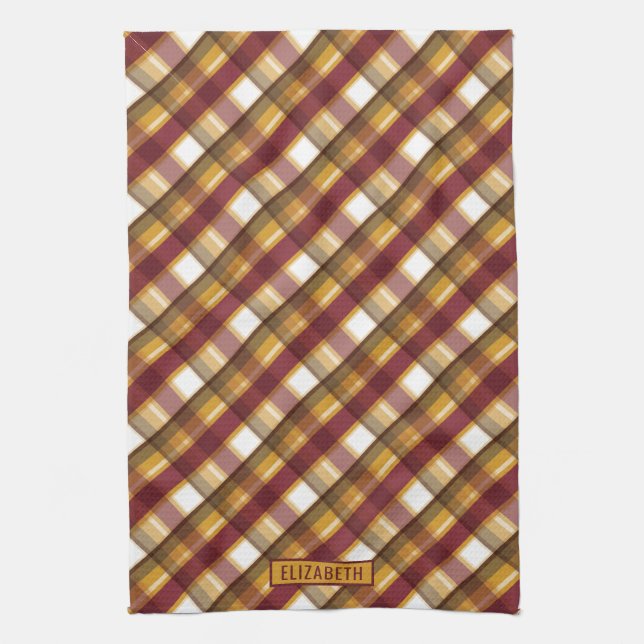 Autumn Colour Plaid Pattern & Custom Name Tea Towel (Vertical)