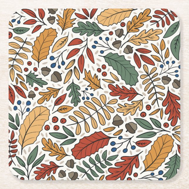 Autumn Coloured Leaf Square Design Paper Coaster (Front)