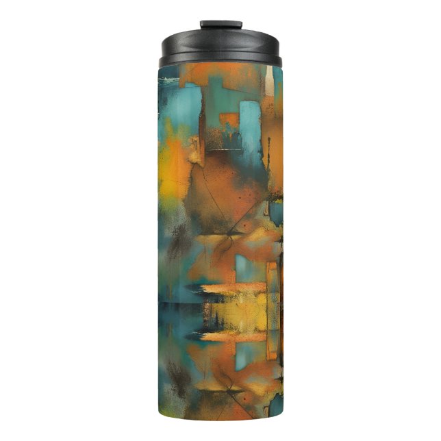 Autumn colours, geometric grunge paint abstract thermal tumbler (Front)