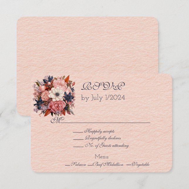 Autumn Colours Orange Black Floral Wedding Bouquet RSVP Card (Front/Back)
