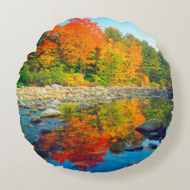 Autumn Colours reflecting in a stream in Vermont Round Cushion (Front)