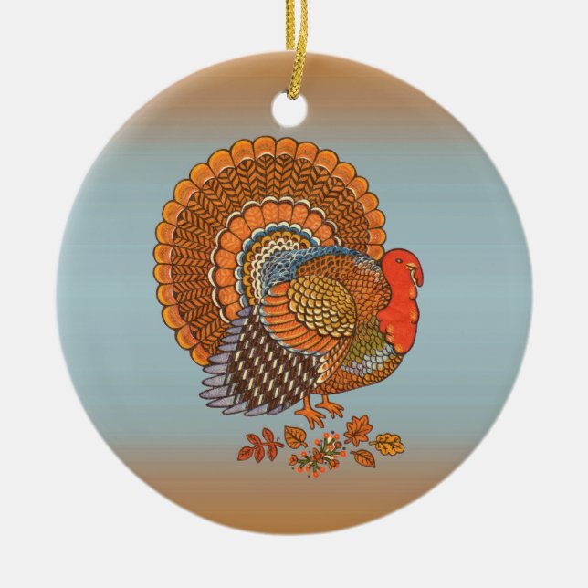 Autumn Colours Thanksgiving Male Turkey Fanned Tai Ceramic Ornament (Front)