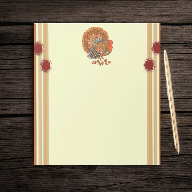 Autumn Colours Turkey Leaves Notepad (Male turkey fanned tail in leaves on yellow with shades of orange borders paper notepad.)