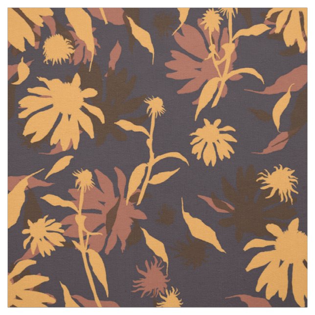 Autumn Coneflowers Floral Pattern Orange Blue Fabric (Swatch)