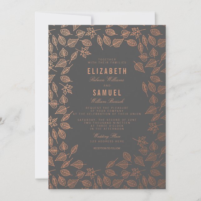 Autumn Copper Leaves Grey Wedding Invitation (Front)