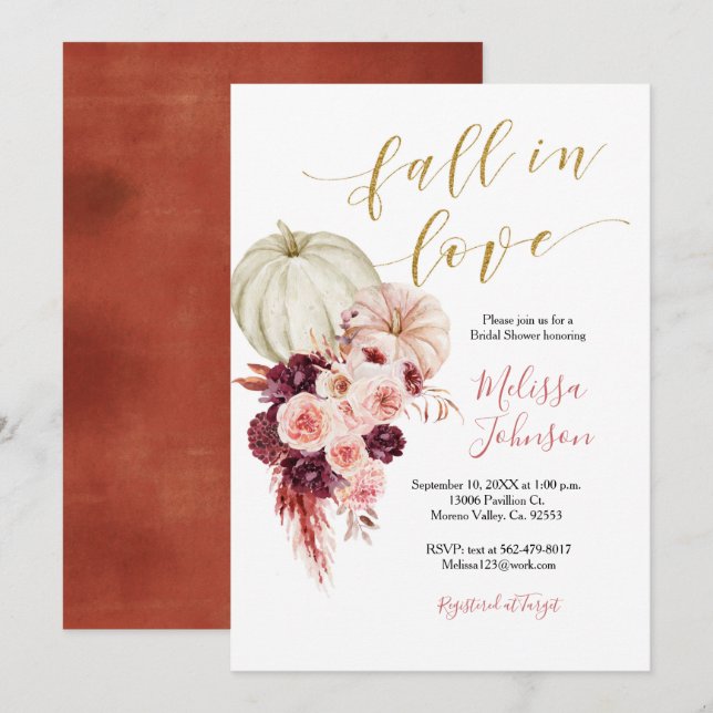 Autumn Coral Burgundy Fall in Love invitation (Front/Back)