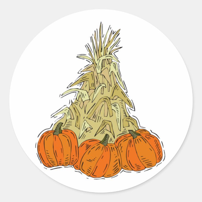 Autumn Cornstalks Pumpkins Classic Round Sticker (Front)
