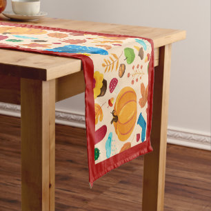Autumn Cosy Fall Pattern Red Border Pumpkins Leaf Short Table Runner