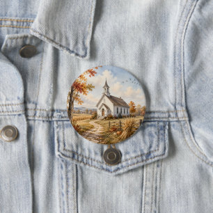 Autumn Country Church Watercolor Landscape 7.5 Cm Round Badge