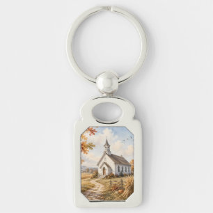 Autumn Country Church Watercolor Landscape Key Ring