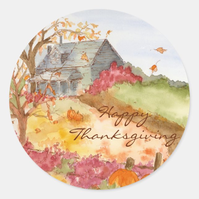Autumn Country Home Happy Thanksgiving Classic Round Sticker (Front)
