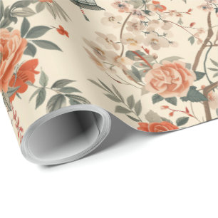 Autumn Cream Orange Floral Chinoiserie Wrapping Paper