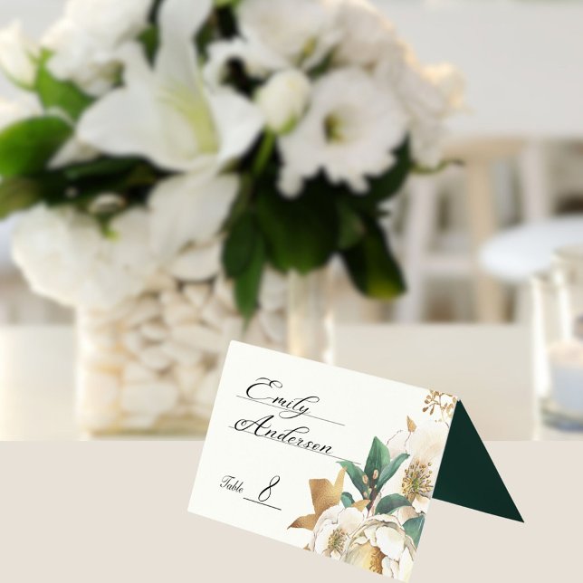  Autumn Cream Roses and Deep Emerald Green (Autumn wedding watercolor roses table or escort card)