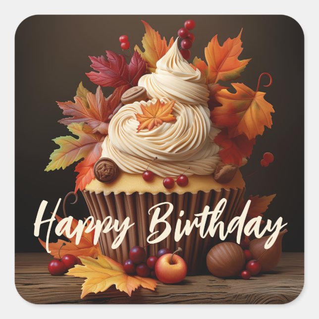 Autumn Cupcake with Colourful Fall Leaves Birthday Square Sticker (Front)