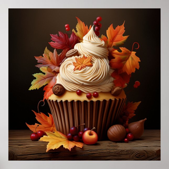 Autumn Cupcake with Colourful Fall Leaves  Poster (Front)