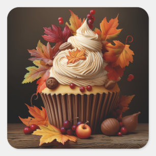 Autumn Cupcake with Colourful Fall Leaves  Square Sticker