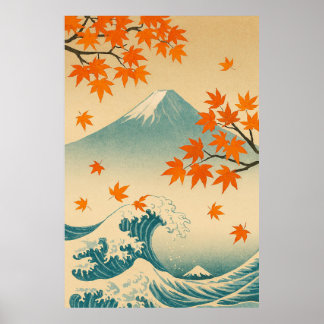 Autumn Currents: Maple Leaves and Fuji’s Horizon Poster