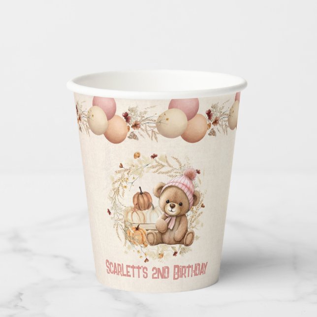 Autumn Cute Bear Girl Birthday Paper Cups (Front)