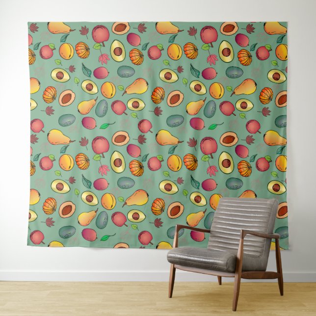 Autumn Cute Colourful Fruit Pumpkin Foliage Tapestry (In Situ (Horizontal))