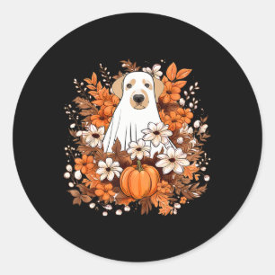 Autumn Cute Dog Ghost With Pumpkin Halloween Fall Classic Round Sticker